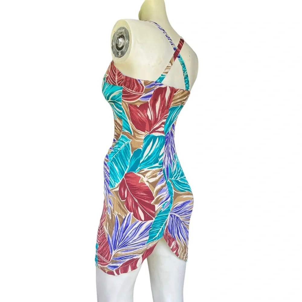 Vintage 90's Paris Blues Multicolor Palm Print Mini Dress Size 7 Juniors